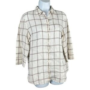 Lafayette 148 Linen Window Pane Plaid Button Down Blouse Top Medium